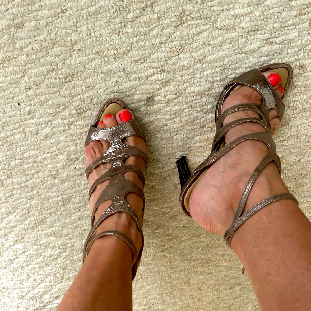 Gold strappy stilettos. BCBG